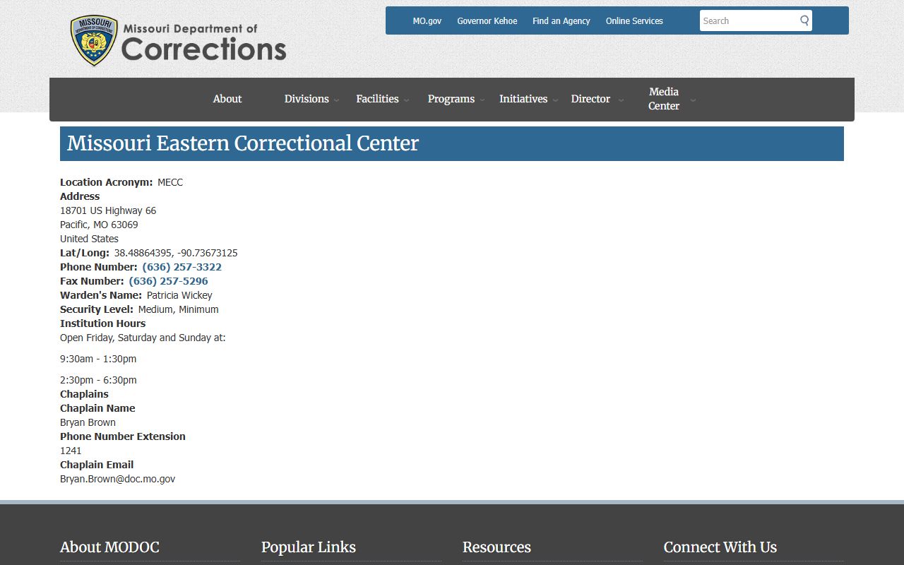 Missouri Eastern Correctional Center inmate lookup facility page